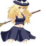  1girl absurdres adapted_costume blonde_hair bow braid broom cowboy_shot hair_bow hat highres kirisame_marisa long_hair looking_at_viewer midriff navel septet_(zrca_janne) side_braid skirt smile solo tank_top touhou transparent_background tsurime witch_hat yellow_eyes 
