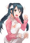  1girl alternate_costume black_eyes black_hair blush breasts cleavage_cutout clenched_hand hair_ribbon highres isuzu_(kantai_collection) kantai_collection long_hair looking_at_viewer open-chest_sweater open_mouth pino_(birthdayparty) pov ribbon solo sparkle sweatdrop turtleneck twintails 