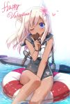  1girl animal_ears blue_eyes cat_ears chocolate chocolate_heart dark_skin eating happy_valentine heart highres innertube kantai_collection looking_at_viewer mitsuki ocean ro-500_(kantai_collection) school_swimsuit school_uniform serafuku silver_hair sitting solo swimsuit swimsuit_under_clothes tan tanline torpedo u-511_(kantai_collection) wind winking 