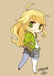  :d blonde_hair brown_background chibi dated from_side green_eyes hands_in_pockets highres hoshii_miki idolmaster jacket long_hair looking_at_viewer mota open_mouth pantyhose shorts smile standing 