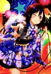  blue_hair blush brown_eyes fireworks long_hair love_live!_school_idol_project microphone night official_art smile sonoda_umi wink yukata 