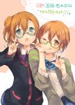  2girls :q ;q aqua-framed_glasses aqua_eyes bespectacled blush cardigan chestnut_mouth glasses green-framed_glasses hoshizora_rin kousaka_honoka looking_at_viewer love_live!_school_idol_project miseinen multiple_girls one_eye_closed open_cardigan open_clothes open_mouth orange_hair school_uniform semi-rimless_glasses short_hair side_ponytail sweater tongue tongue_out under-rim_glasses v yellow_eyes 