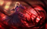  1girl armor armored_dress blonde_hair dark_excalibur dress fate/stay_night fate_(series) hanshu highres saber saber_alter solo sword visor weapon 