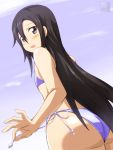  1boy ass bikini black_hair blush flat_chest hair_between_eyes kirito kirito_(sao-ggo) long_hair looking_at_viewer looking_back male open_mouth purple_bikini side-tie_bikini solo swimsuit sword_art_online trap tsuti violet_eyes 