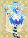  1girl blue_eyes blue_hair dennryuurai dress frills ice ice_wings long_hair mary_janes pantyhose psychic_hearts shoes solo staff striped striped_legwear wings 