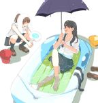  2girls barefoot black_hair blush brown_hair bucket closed_eyes inflatable_raft long_hair multiple_girls ousawa_yayoi school_uniform shoes sitting smile socks tagme towel umbrella water wet yuri 