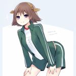  &gt;:) 1girl alternate_costume brown_hair cowboy_shot dated gym_shorts gym_uniform hands_on_thighs headgear hiei_(kantai_collection) jacket kantai_collection leaning_forward muryou open_clothes open_jacket shorts smile solo track_jacket twitter_username violet_eyes 