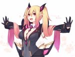  1girl :d alternate_hair_length alternate_hairstyle blonde_hair breasts bust cleavage covered_navel dark_falz_apprentice gradient_hair hair_ornament heart long_hair multicolored_hair muryou open_mouth outstretched_arms phantasy_star phantasy_star_online_2 pink_hair pointy_ears red_eyes smile solo spread_arms twintails 