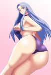  1girl ass blue_eyes blue_hair blush breasts caster fate/stay_night fate_(series) highres koujun_(mugenzero) long_hair md5_mismatch solo swimsuit 