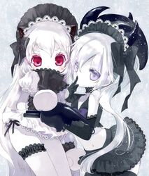  2girls adapted_costume arm_cannon covered_mouth destroyer_hime finger_to_mouth frills gothic_lolita hairband hat hato_rami headdress kantai_collection leg_garter lolita_fashion lolita_hairband microskirt mittens multiple_girls navel northern_ocean_hime puffy_short_sleeves puffy_sleeves red_eyes ribbon shinkaisei-kan short_sleeves side_ponytail skirt violet_eyes weapon white_hair 