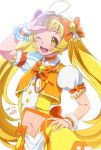 0417nao 1girl 2014 ;d ahoge aiguillette arm_up blonde_hair bow dated earrings hair_bow hairband hand_on_hip jewelry long_hair magical_girl navel_cutout one_eye_closed open_mouth original precure signature skirt smile solo twintails white_background wrist_cuffs yellow_eyes yellow_skirt 