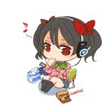  1girl black_hair bow brand_name_imitation caloriemate cardigan cellphone chibi dated eating hair_bow headphones koss love_live!_school_idol_project milk_carton mota phone red_eyes school_uniform short_hair simple_background sitting solo twintails white_background yazawa_nico 