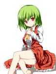  1girl ascot bare_legs collared_shirt frilled_skirt frills green_hair hand_up hato_no_hito kazami_yuuka long_sleeves looking_at_viewer plaid plaid_skirt plaid_vest red_eyes short_hair sitting skirt smile solo thighs touhou younger 