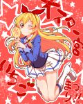  1girl aikatsu! blonde_hair boots character_name clearite dated grin hair_ribbon hoshimiya_ichigo long_hair looking_at_viewer one_eye_closed red_eyes ribbon rice_spoon skirt smile solo very_long_hair 