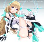  1girl angela_balzac ass bare_shoulders blonde_hair blue_eyes bodysuit breasts copyright_name elbow_gloves expelled_from_paradise gloves gun headgear inuhasiru leotard long_hair looking_at_viewer low_twintails sitting solo thigh_strap twintails very_long_hair weapon 