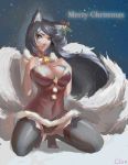  1girl absurdres ahri alternate_costume animal_ears black_legwear black_panties breasts fox_ears fox_tail high_heels highres large_breasts league_of_legends lingerie lips long_hair looking_at_viewer multiple_tails off_shoulder panties revealing_clothes santa_costume snow solo squatting tail thigh-highs underwear yellow_eyes 