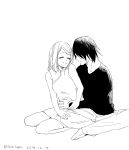  1boy 1girl absurdres arch_lapin artist_name dated facial_mark forehead_mark haruno_sakura highres monochrome naruto pregnant uchiha_sasuke 