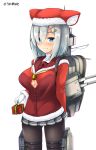  1girl black_legwear blouse blue_eyes box breasts cannon cleavage_cutout gift gift_box gloves hair_ornament hair_over_one_eye hairclip hamakaze_(kantai_collection) hat jacket kantai_collection pantyhose pleated_skirt santa_costume santa_hat short_hair silver_hair skirt solo torpedo turret uni8 white_gloves 