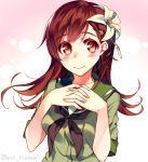  1girl blush brown_eyes brown_hair fingers_together flower flower_on_head kantai_collection long_hair motyo1964 ooi_(kantai_collection) school_uniform serafuku smile 