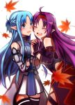  2girls asuna_(sao) asuna_(sao-alo) black_legwear blue_eyes blue_hair breastplate closed_eyes fingerless_gloves gloves hairband highres hiiragi_mina long_hair multiple_girls pointy_ears purple_hair sword_art_online thigh-highs very_long_hair yuuki_(sao) zettai_ryouiki 