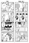  3girls 4koma bee bird cage comic crow hoodie monochrome multiple_girls necktie open_mouth original page_number pageratta polearm translated trident twintails weapon 