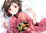  1girl blush brown_hair hair_ribbon japanese_clothes kimono long_sleeves looking_at_viewer lying obi on_back original rabbit red_eyes ribbon sash smile snow snowing solo tan_(tangent) 