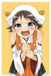  1girl apron bandana bare_shoulders blue_eyes brown_hair commentary_request detached_sleeves headgear hiei_(kantai_collection) kantai_collection leaning_forward looking_at_viewer nontraditional_miko ochazuke open_mouth short_hair shouting skirt solo tears yellow_background 