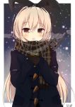  1girl blonde_hair brown_eyes can coat gloves hairband kantai_collection long_hair rensouhou-chan rouka_(akatyann) scarf shimakaze_(kantai_collection) snowing 