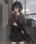  1girl bag black_hair eotech erikku_(kata235) explosive handbag highres lavender_eyes locker mini-14 original pipe_bomb rain ribbon school_bag school_uniform short_hair sling trench_coat trigger_discipline weapon 