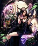  black_dress black_hair bracelet breasts cleavage dress feathers flower ghost goblet hair_ornament hair_over_one_eye hair_ribbon jewelry lich long_hair looking_at_viewer necklace ribbon shingoku_no_valhalla_gate skeleton skull staff suda_ayaka thighs witch 