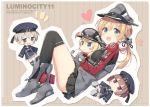  1girl :d anchor_hair_ornament bismarck_(kantai_collection) black_legwear blonde_hair blue_eyes blush blush_stickers brown_eyes brown_hair character_doll green_eyes hat heart jpeg_artifacts kantai_collection low_twintails open_mouth peaked_cap peko prinz_eugen_(kantai_collection) skirt smile solo thigh-highs twintails z1_leberecht_maass_(kantai_collection) z3_max_schultz_(kantai_collection) 