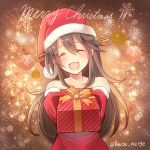  1girl :d ^_^ bare_shoulders black_hair blush bust christmas closed_eyes collarbone detached_sleeves gift haruna_(kantai_collection) headgear kantai_collection long_hair open_mouth outstretched_arms santa_costume serino_itsuki smile solo twitter_username 