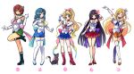  5girls ;o arm_up bishoujo_senshi_sailor_moon black_boots black_hair blonde_hair blue_eyes blue_hair blue_skirt boots bow brown_hair cat choker cosplay elbow_gloves flower gloves green_eyes green_skirt hair_flower hair_ornament hairclip hand_on_hip heart high_heel_boots high_heels inner_senshi knee_boots long_hair magical_girl miniskirt multiple_girls neckerchief one_eye_closed orange_skirt original pink_rose ponytail red_boots red_skirt rose sailor_collar sailor_jupiter sailor_jupiter_(cosplay) sailor_mars sailor_mars_(cosplay) sailor_mercury sailor_mercury_(cosplay) sailor_moon sailor_moon_(cosplay) sailor_senshi sailor_venus sailor_venus_(cosplay) shima_chiyo short_hair skirt smile standing standing_on_one_leg thigh-highs thigh_boots very_long_hair violet_eyes white_background white_boots white_gloves white_legwear 