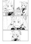  1girl :d bangs blunt_bangs blush cake comic crossed_arms eating eyebrows food full-face_blush gloves hair_ribbon kantai_collection long_hair murakumo_(kantai_collection) nathaniel_pennel necktie open_mouth ribbon sailor_dress silent_comic simple_background smile thick_eyebrows white_background 