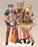  3boys absurdres animal_ears archer blonde_hair blue_hair broom cat_ears cat_tail crossdressinging fang fate/stay_night fate_(series) garters gilgamesh highres lancer maid multiple_boys one_eye_closed pantyhose shimo_(s_kaminaka) tail thigh-highs white_hair zettai_ryouiki 