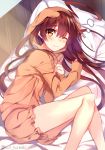  1girl ;3 ahoge bed brown_eyes brown_hair hood hoodie kantai_collection kuma_(kantai_collection) long_hair motyo1964 one_eye_closed pajamas pillow 