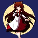  1girl :3 animal_ears blue_background blush breasts brooch brown_hair dress finger_in_mouth fingernails full_moon highres imaizumi_kagerou jewelry long_fingernails long_hair looking_at_viewer masu_kin moon nail_polish red_eyes simple_background solo touhou wolf_ears 