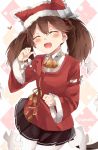  1girl :d animal_hat bell blush brown_hair cat_hat closed_eyes fang hat heart kantai_collection long_hair open_mouth pantyhose pleated_skirt ryuujou_(kantai_collection) santa_costume shijima_(sjmr02) shikigami skirt smile solo twintails twitter_username white_legwear 
