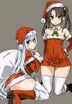  2girls asanagi ass bare_shoulders bell blush body_blush boots brown_eyes brown_hair christmas collarbone covered_navel detached_collar dress elbow_gloves flat_chest fur_trim gloves hair_bobbles hair_ornament hand_on_hip hat holding kantai_collection long_hair multiple_girls open_mouth red_boots red_dress red_gloves sack santa_boots santa_costume santa_hat short_dress shoukaku_(kantai_collection) silver_hair simple_background skindentation smile star star_hair_ornament thigh-highs thighs triangle_mouth twintails white_legwear yellow_eyes zuikaku_(kantai_collection) 