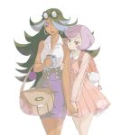  2girls alternate_costume backpack bag black_hair blue_hair casual cellphone closed_eyes dark_skin dress earrings expressionless goggles goggles_on_head hair_over_one_eye handbag highlights holding_hands izumi_(pokemon) izumi_(pokemon)_(remake) jewelry kagari_(pokemon) kagari_(pokemon)_(remake) light_rays long_hair multicolored_hair multiple_girls nail_polish phone pink_dress pokemon pokemon_(game) pokemon_oras purple_hair purple_skirt signature skirt sleeveless smartphone smile solsticerose sunbeam sunlight team_aqua team_magma two-tone_hair violet_eyes yuri 