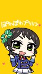  1girl :d aikatsu! black_hair blush_stickers chan_co chibi green_eyes hair_ornament kamiya_shion looking_at_viewer open_mouth short_hair smile solo translation_request yellow_background 
