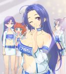  4girls ;) ahoge antenna_hair bare_shoulders black_hair blue_eyes blue_hair blush breast_envy breasts choker cleavage finger_to_mouth flat_chest flat_gaze idolmaster kikuchi_makoto kisaragi_chihaya large_breasts long_hair midriff miura_azusa multiple_girls navel one_eye_closed orange_hair racequeen short_hair shorts skirt smile takatsuki_yayoi tubetop twintails violet_eyes yahako 