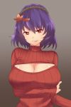  1girl alternate_costume breast_lift breasts bust cleavage cleavage_cutout hair_ornament highres large_breasts open-chest_sweater purple_hair red_eyes ribbed_sweater smile solo sweater touhou turtleneck x&amp;x&amp;x yasaka_kanako 