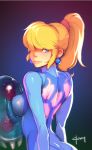  blonde_hair blue_eyes breast_press doxy earrings hair_over_one_eye jewelry looking_back metroid metroid_(creature) ponytail princess_peach samus_aran_(cosplay) smile zero_suit 