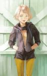  1girl bikini_top blonde_hair green_eyes hands_in_pocket highres looking_at_viewer nababa open_clothes open_shirt original pantyhose short_hair solo standing tongue tongue_out 