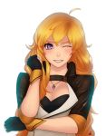 1girl ahoge blonde_hair blush bracelet breasts cleavage highres jewelry long_hair necklace rwby scyfon smile violet_eyes winking yang_xiao_long 