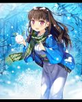  1girl :3 absurdres bangs blush brown_hair flower gendo0033 hair_ornament hairpin haori highres japanese_clothes kimono leaf leaning_forward letterboxed long_hair long_sleeves looking_at_viewer open_mouth original rabbit sash scarf smile snow snow_bunny snowball snowflakes snowing solo standing tree violet_eyes winter 