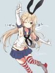  &gt;;) 1girl aio_(aki56) arm_up armpits blonde_hair blue_eyes gloves hairband kantai_collection long_hair looking_at_viewer one_eye_closed shimakaze_(kantai_collection) simple_background smile solo thigh-highs 