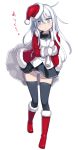  1girl adapted_costume black_legwear blue_eyes blush full_body fur_trim hat hibiki_(kantai_collection) kantai_collection long_hair looking_at_viewer merry_christmas mittens panties pantyshot pantyshot_(standing) sack santa_costume santa_hat school_uniform serafuku simple_background skirt solo standing thigh-highs underwear verniy_(kantai_collection) white_background white_hair white_panties yu_65026 