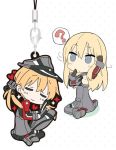  2girls ? anchor_hair_ornament arm_up bismarck_(kantai_collection) blonde_hair blue_eyes cellphone_strap chibi closed_eyes detached_sleeves hat hat_removed headwear_removed heart jpeg_artifacts kantai_collection keychain long_hair multiple_girls peaked_cap peko prinz_eugen_(kantai_collection) sitting spoken_question_mark thigh-highs wariza 